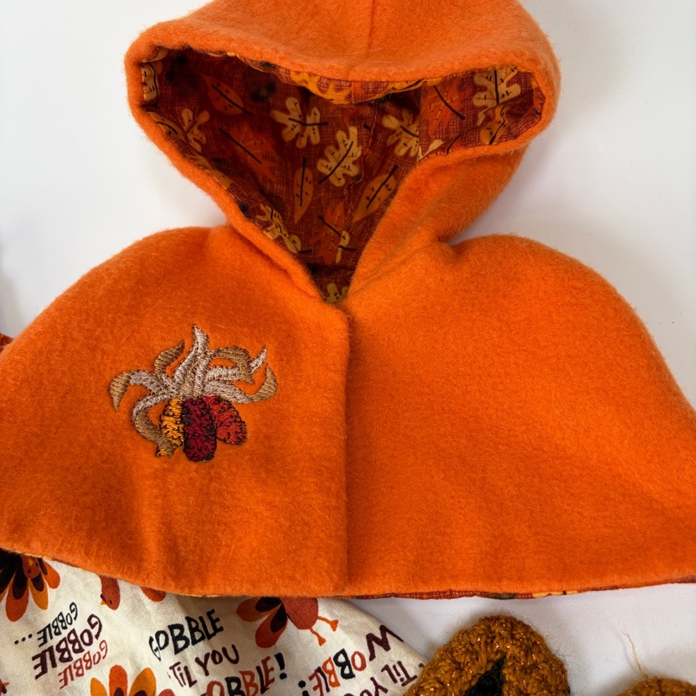 Handmade 18” Doll Thanksgiving Fall Outfit Dress Cape and Slippers - Picture 2 of 7